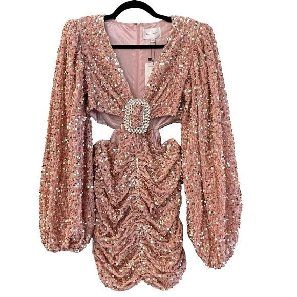 Line & Dot Small Sequin Embellished Rhinestone Belt Pink V-Neck Mini Dress NEW - Picture 1 of 9